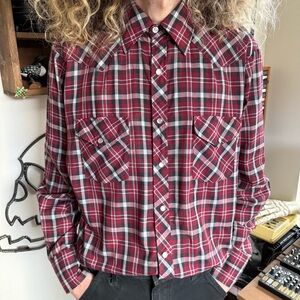 Vintage 90s Red Plaid Pearl Snap Western Work Shirt BJ-R ~ Size Large